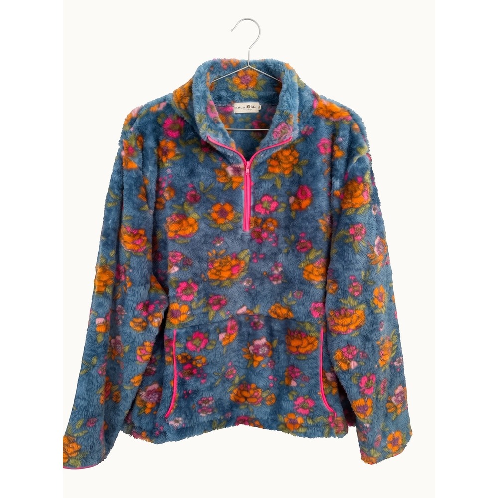 Natural Life Floral Fleece Quarter Zip Pullover Sweatshirt NWT Size XL Boho Cozy